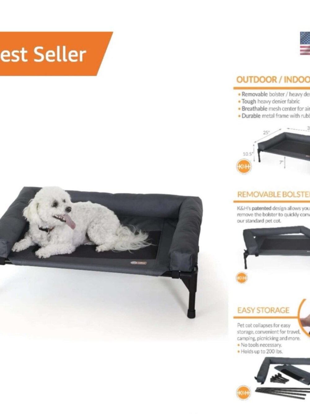 K&H Pet Bolster Elevated Raised Indoor/Outdoor Charcoal Gray Dog Cot Bed